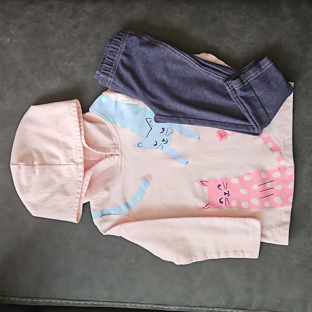 Girls 2T Carters 2pc Pink Cat Hoodie & Knit Denim Leggings Set T2